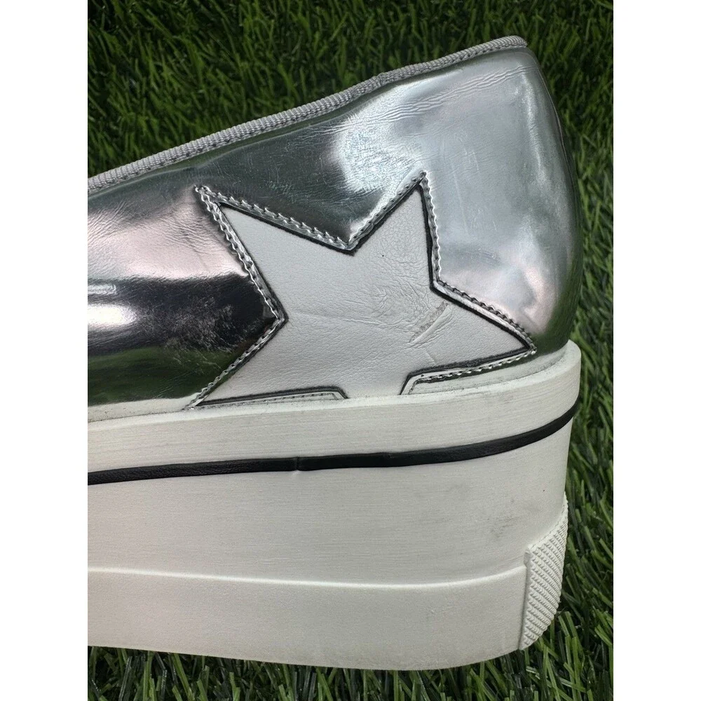 STELLA MCCARTNEY Silver Metallic Faux Leather Binx Star Platform Slip On Shoes 7